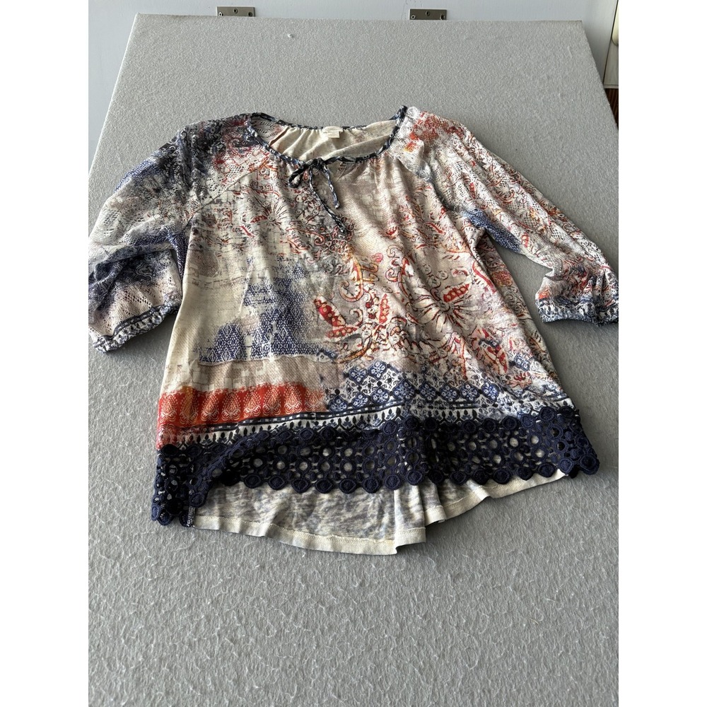 Chico's Blouse Womens 3 Multicolor Paisley Crochet Hem 3/4 Sleeve Boho Top